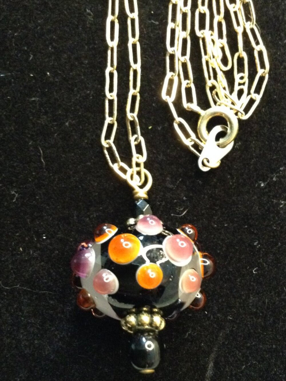 VTG 70/80's Black Lamp work Art Glass Beaded Pendant Gold tone Chain Artistic